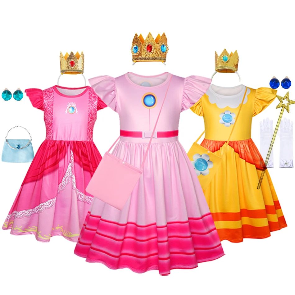 Peach Costume Kids Girls Princess Costumes Flutter Sleeve Summer Casual Dress Party Dress Up Children Outfits