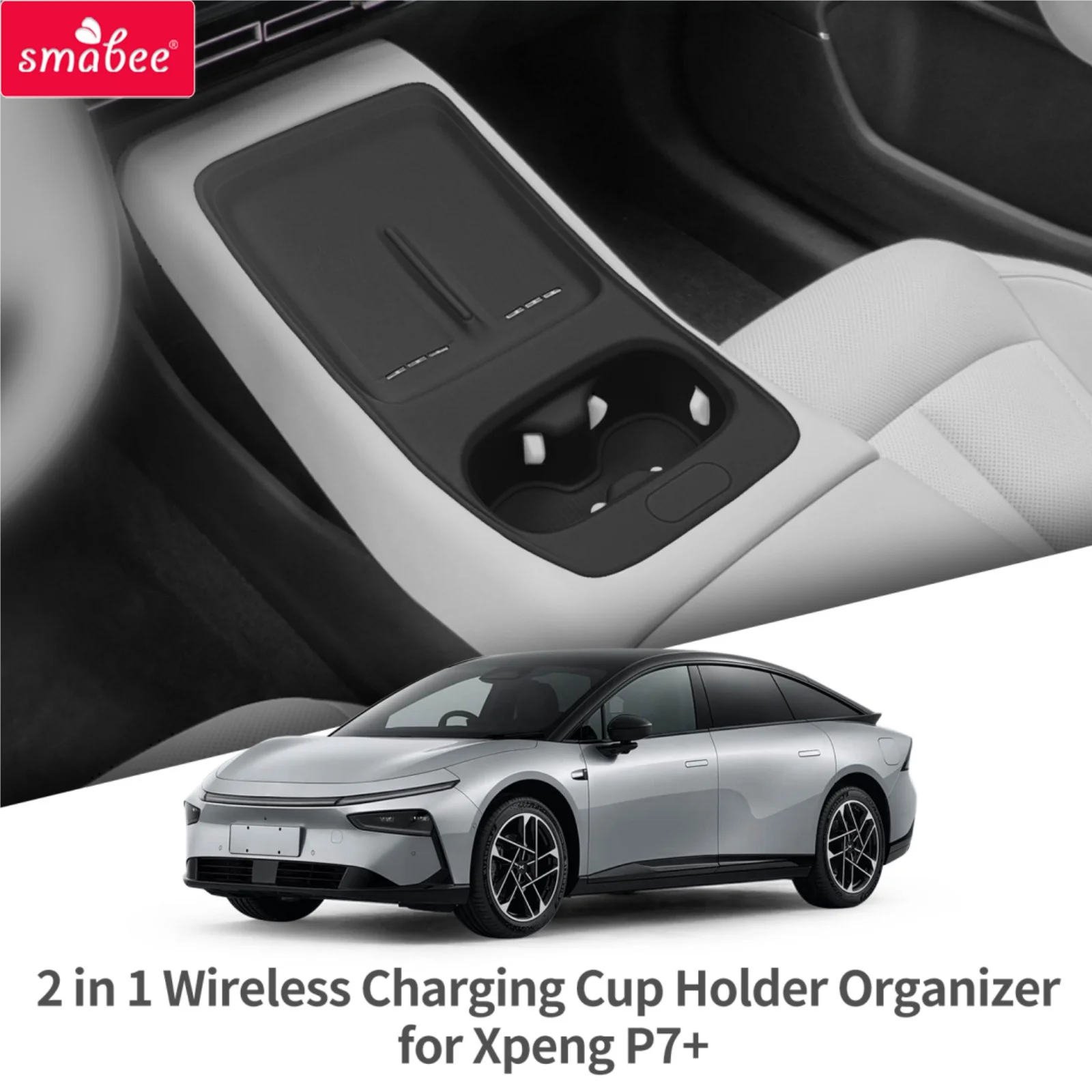 Smabee für Xpeng P7+ 2024-2026 Auto 2-in-1 Kabelloses Ladepad Mittelkonsole Getränkehalter Rutschfeste Silikonmatte Zubehör Schwarz