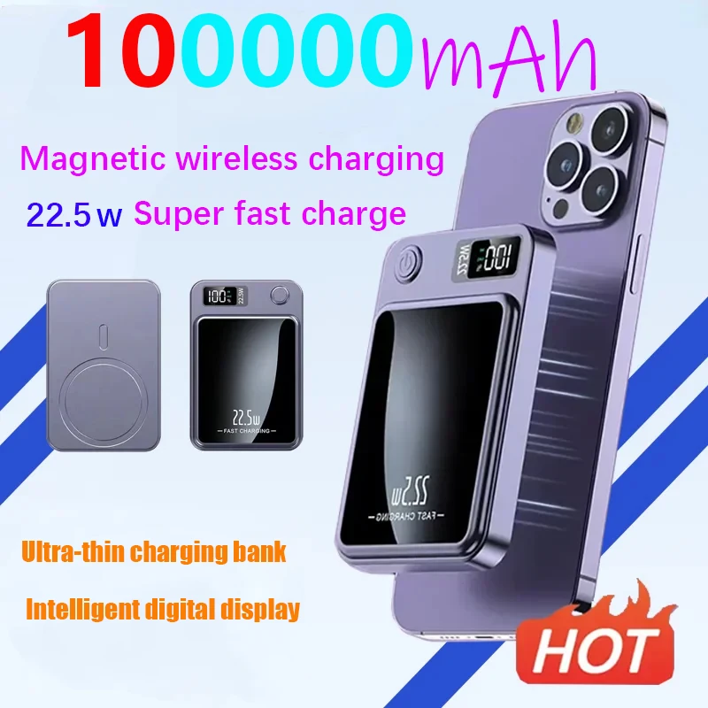 

100000mAh Magnetic Power Bank Wireless Fast Charger For Magsafe Portable Auxiliary Battery Pack For iphone Huawei SamsungXiaomi