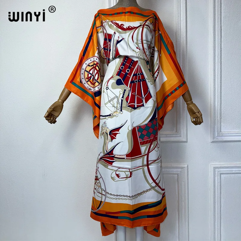 

WINYI Waist robe Print kaftan fashion african clothing beach outfits for women evening maxi dress muslim abaya dubai luxury