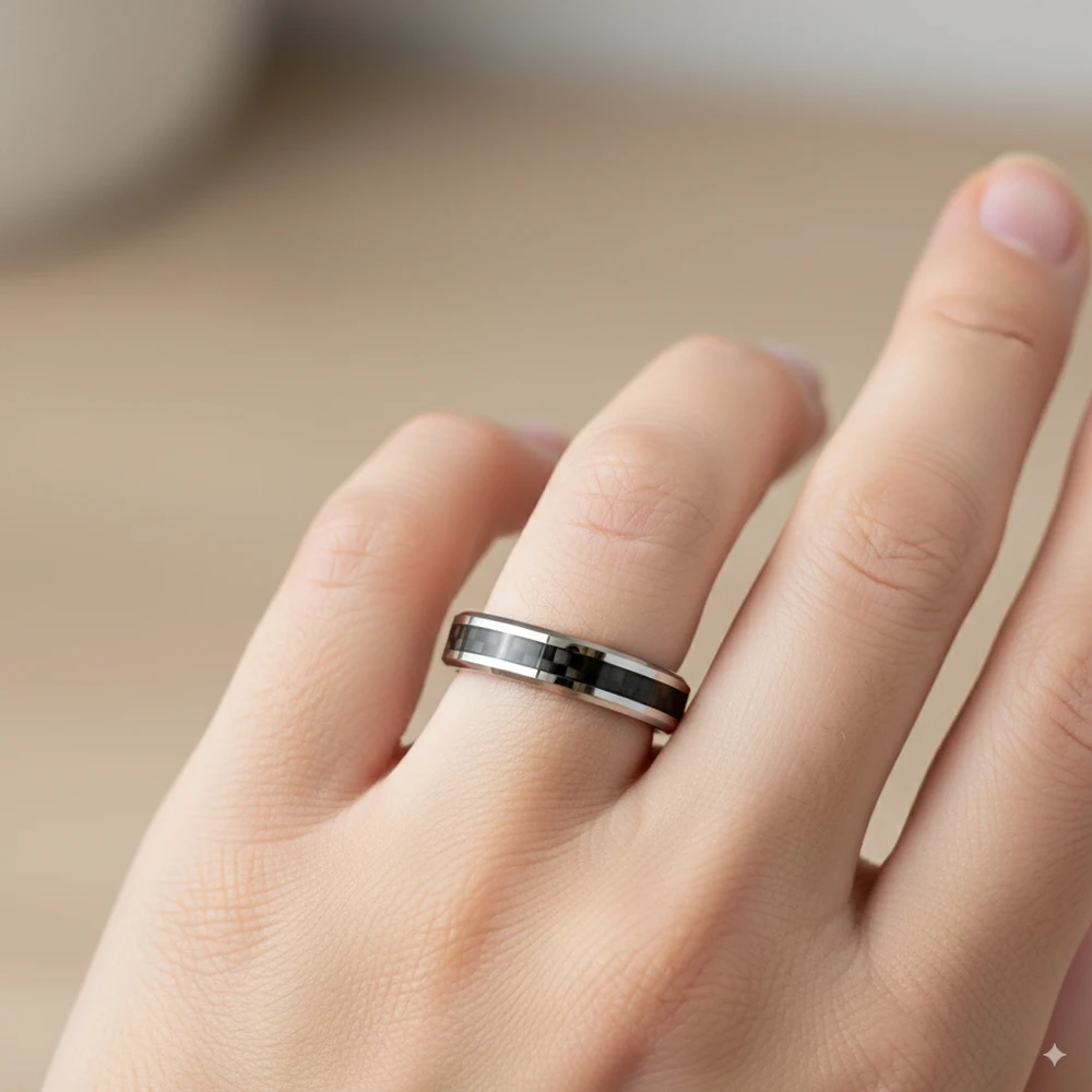 عالية الجودة 4mm ألياف الكربون الأسود خاتم الزواج مشطوف مصقول الكلاسيكية الرجال مجوهرات من صلب لا يصدأ هدية للذكرى السنوية #5