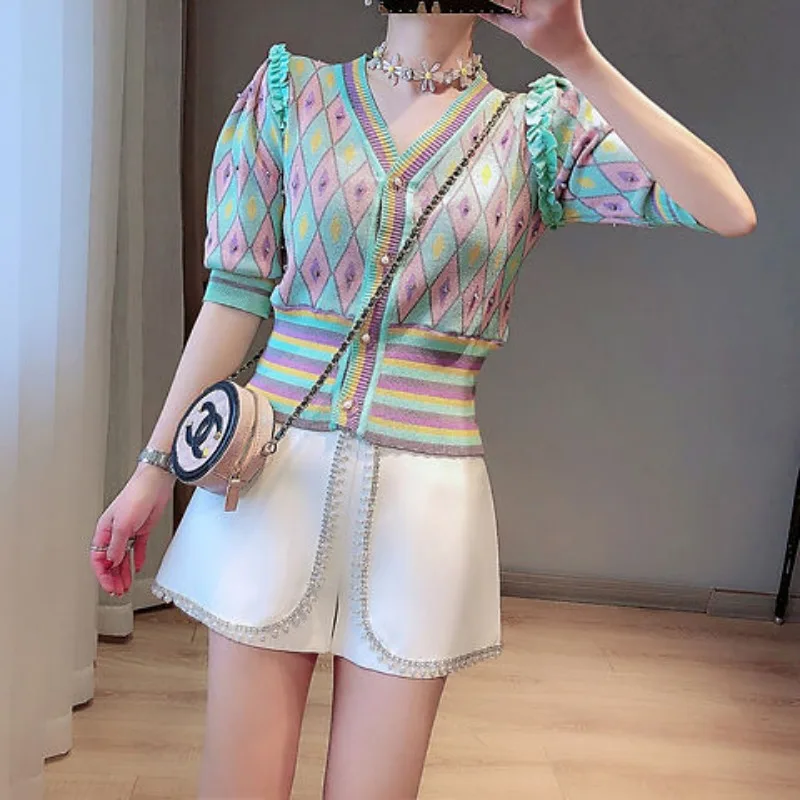 

High-end Spring Summer Jacket Cropped Cardigan Knit Tops Diamante V-neck Slim T-shirt Ice Silk Thin Jacket Women Clothing Trend