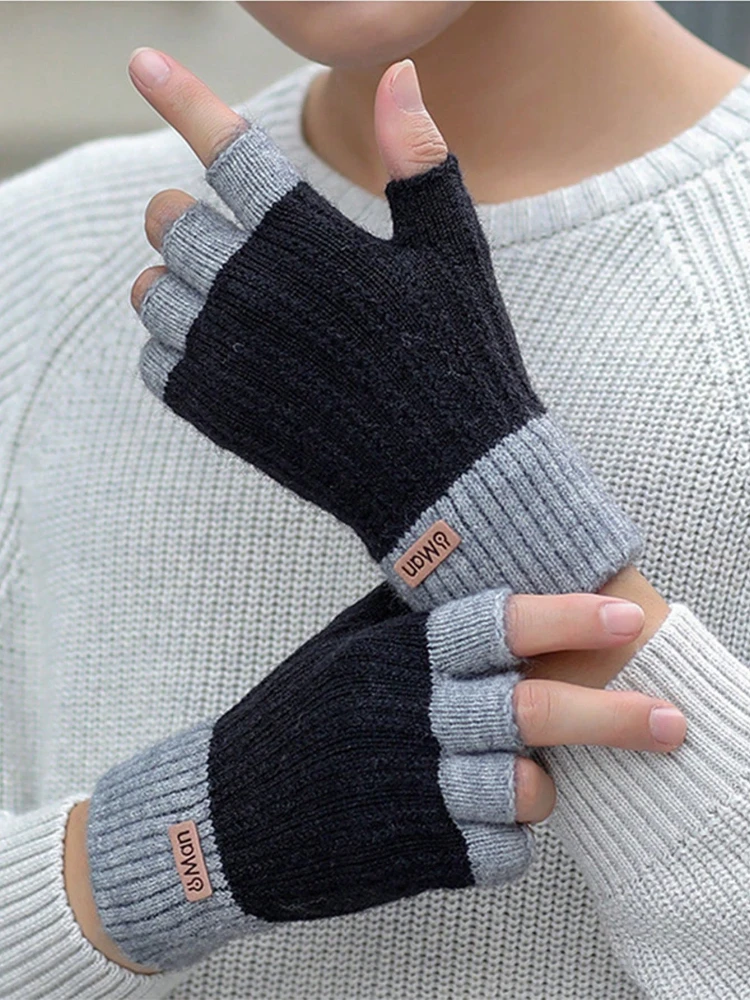 Winterhandschuhe für Herren, Halbfinger, zum Schreiben, Büro, Radfahren, Strickhandschuhe, Studenten, Alpaka-Wolle, warm, dick, elastisch, Fahrhandschuhe