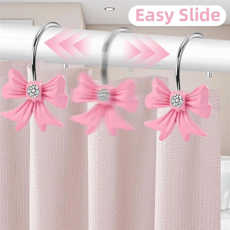 SOFT-Pink Bow Knot Shower Curtain Hooks 12 PCS Cute Girl Decorative Shower Curtain Rings Resin Hanger For Bathroom Room