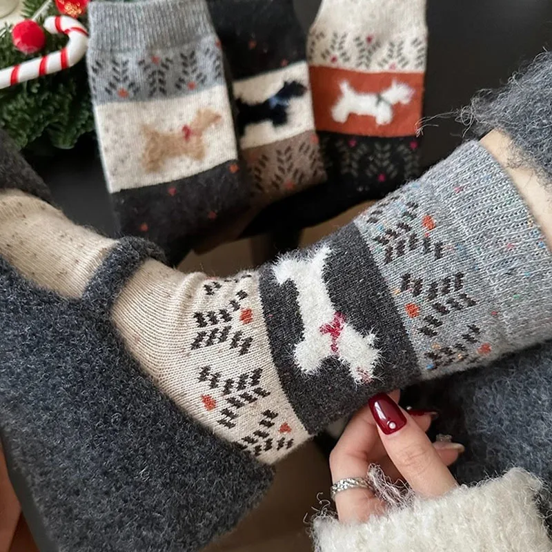 Cartoon Dog Pattern Plush Women's Socks Kawaii Harajuku Breathable Autumn Winter Mid-tube Socks Women Business Christmas Gifts