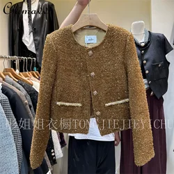 High-end Coffee Elegant Wool Short Coat Women's 2024 Autumn New Fashion Heavy Industry Sequined Tweed Crew Neck Jackets Top