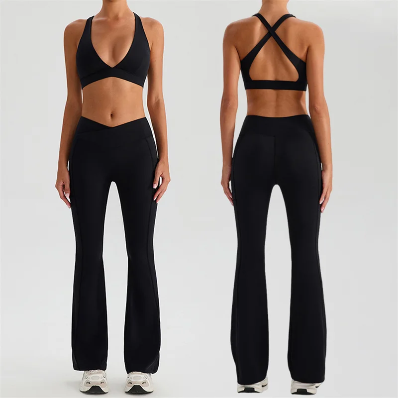 

TRY TO BN Women's Tracksuit Deep V Sports Bra Gym Sets Fitness Leggings Two Pieces Suits Sportwear Workout Running Yoga Clothing