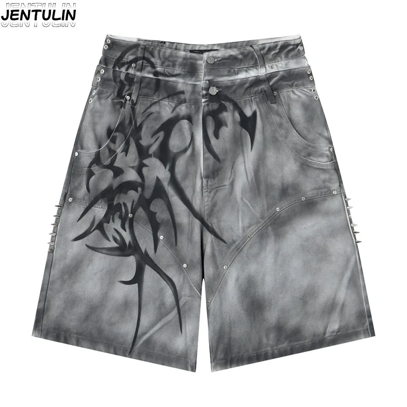 Dark Gothic Totem Spray Denim Shorts Double layered Waist Head Rivet Pointed Wide Leg Pentagram Pants High Street Trendy Brand