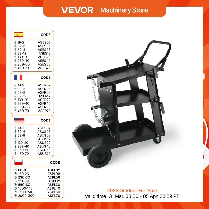 VEVOR Welding Cart 3-Tier Welder Cart with Swivel Wheels Safety Chains Rolling Tank Storage for Plasma Cutter Welding Machine