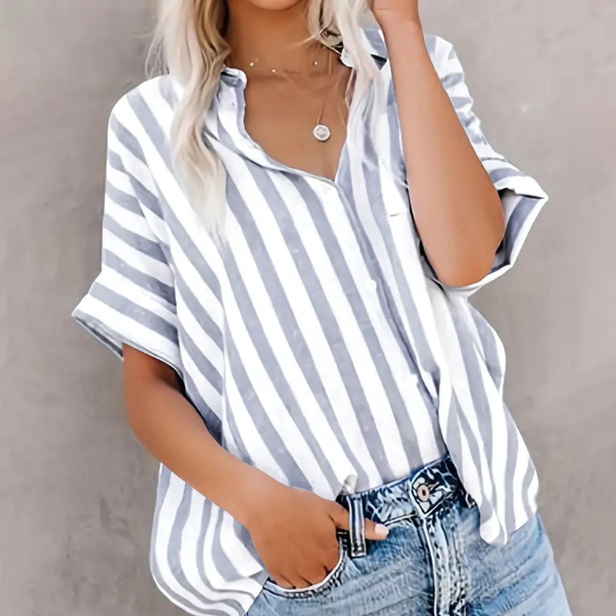 2025 New Summer Women's Striped Shirt Loose Short-sleeved Button Cardigan Fashion Street Versatile Casual Thin Blouses