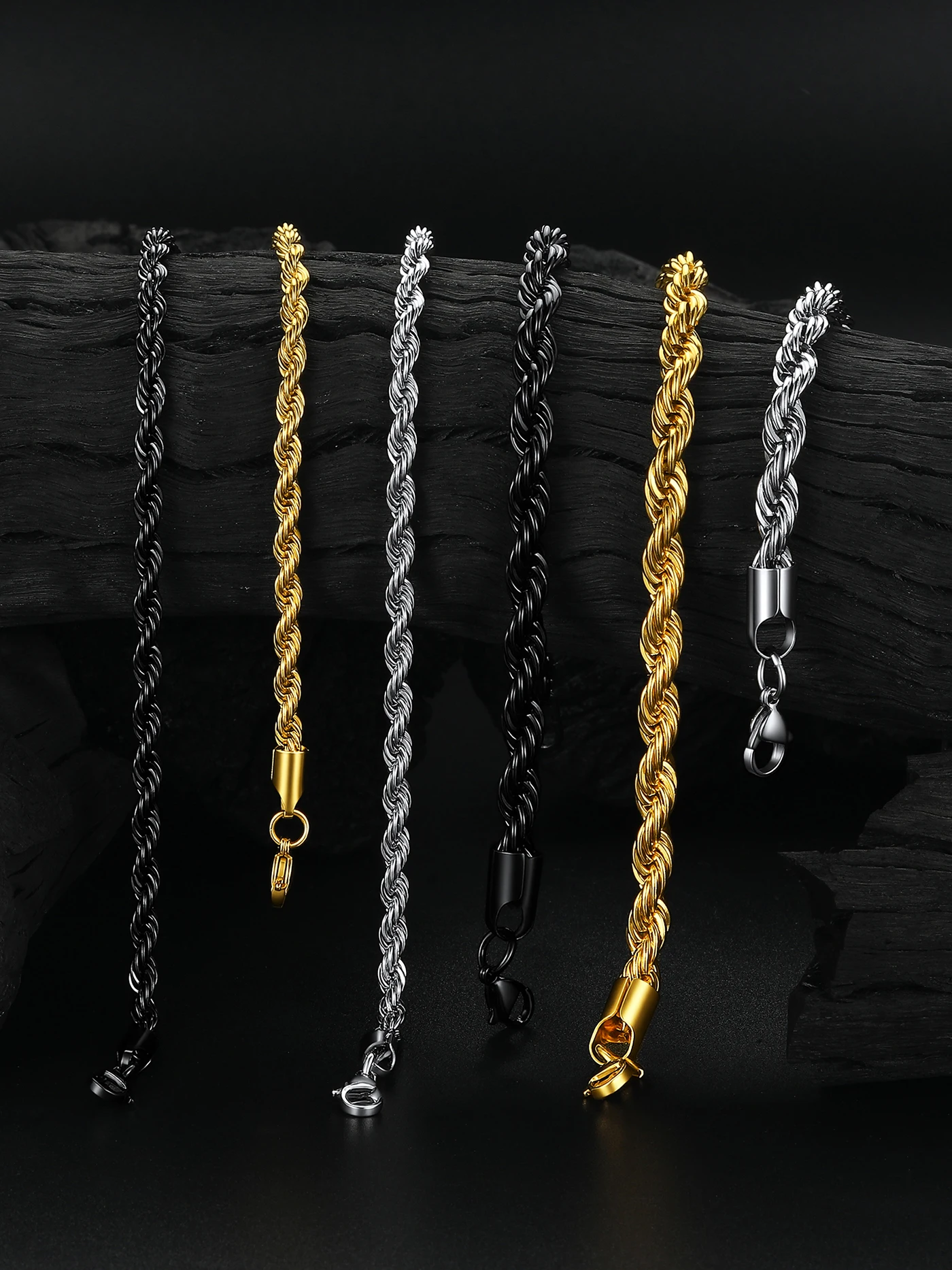 U7 316L Stainless Steel 3mm / 6mm Rope Chain Necklace Bracelets Sets for Men Woman 18-30\