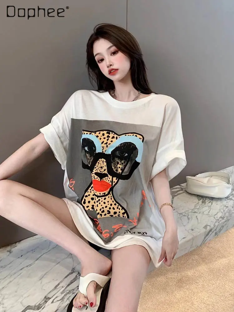 Korean Style Loose Gray Mid-Length Short Sleeve T-shirt Women 2023 Summer Cartoon Printed Round Neck Half Sleeve Pullover Top