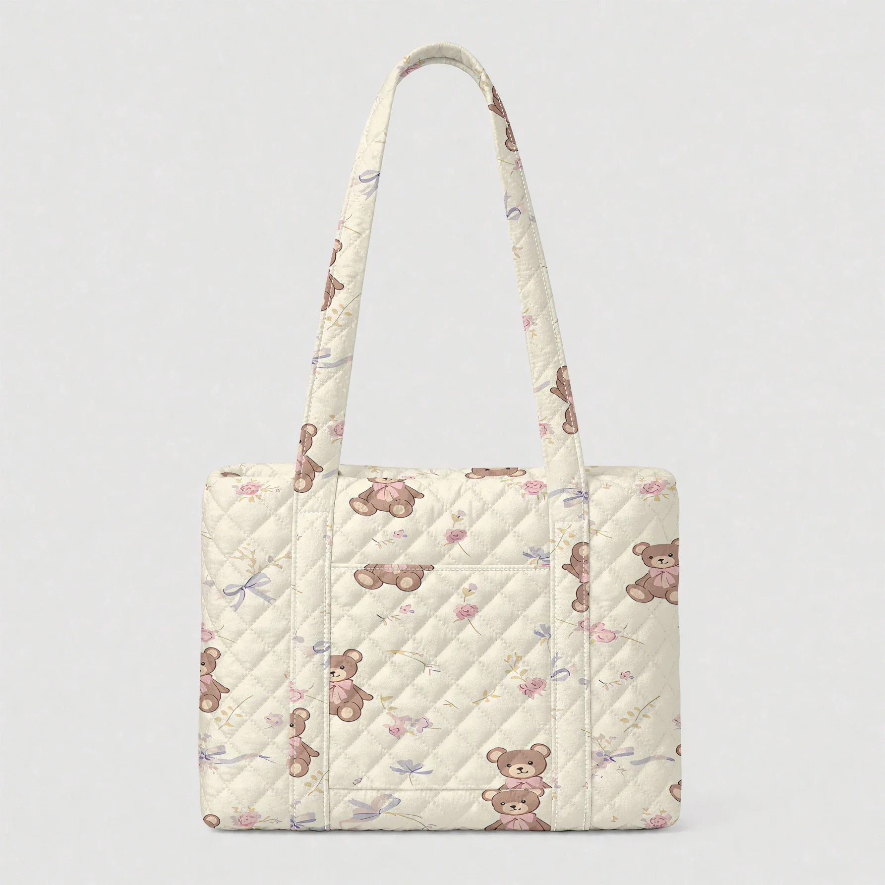 Floral Teddy Bear Print Tote Bag Large Capacity Shoulder Bag, Handbag For Shopping Travel School Work Daily Commute