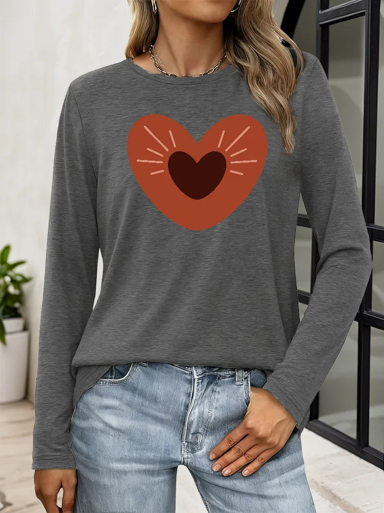 Coração amassado feminino casual impressão manga longa camiseta tripulação pescoço y2k topo camiseta mistura respirável tecido para primavera outono