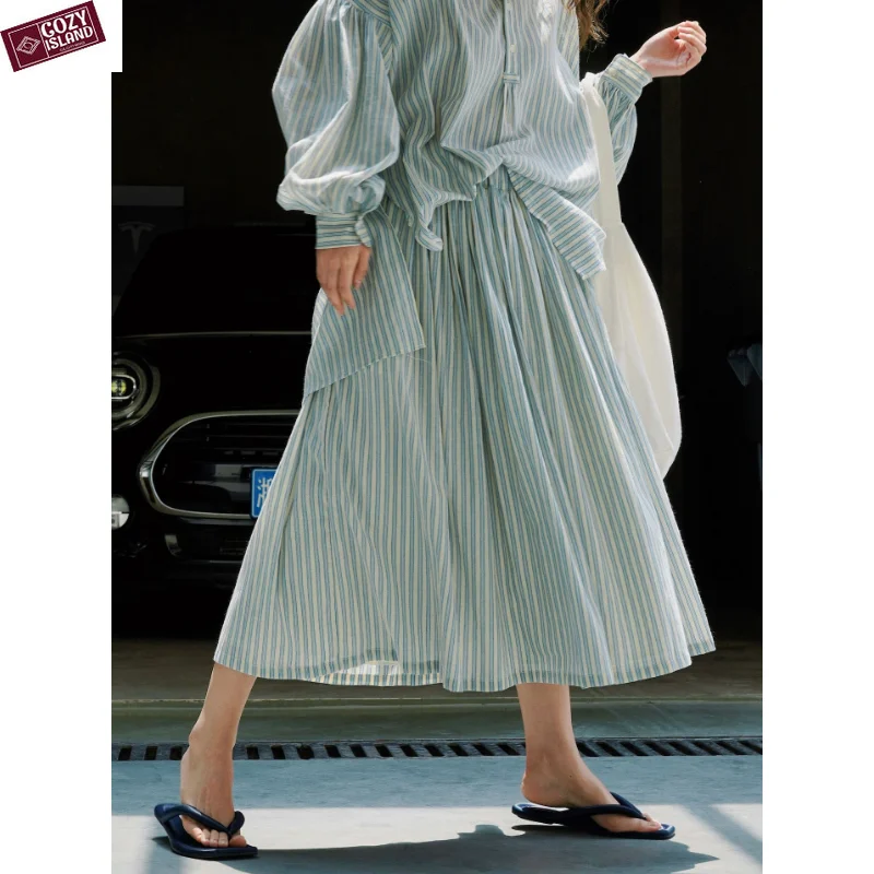 Summer Bue and White Stripes Skirts Elastic Loose Umbrella Skirt Long Skort Women Cotton Fashion Retro Romantic Outing Clothes