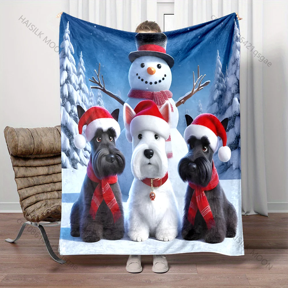 1PC Snowman and dogs wearing hats pattern Blanket Flannel Material Soft Warm for All Seasons,For Home Outdoor Camping Picnics RV