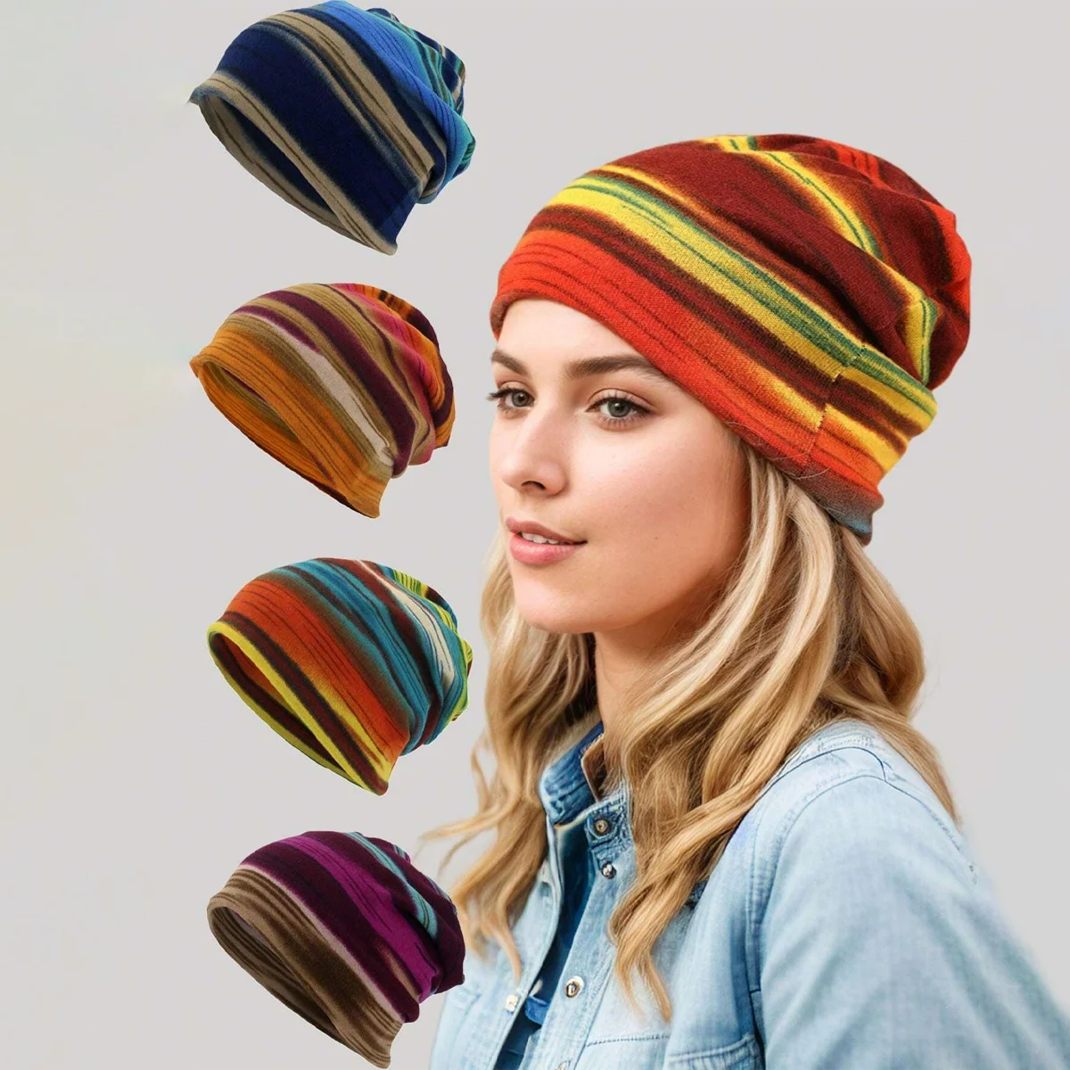 

Multicolour Knit Beanie Striped Oversize Baggy Hat Slouch Cap Unisex Coldproof Ski Hats For Men Women Winter