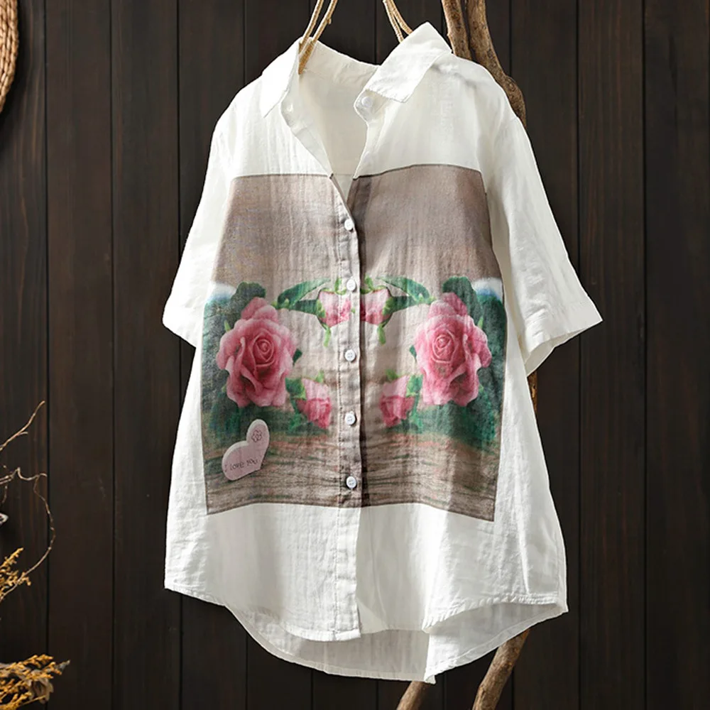 100% Cotton yarn shirts and blouses for chubby women summer short sleeve patchwork women's blouses trend 2024 tops