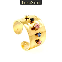 LUXUSTEEL CZ Wide Women's Ring Stainless Steel Cubic Zirconia18K Gold Plated Crystal Engagement Rings Jewelry Gift for Party