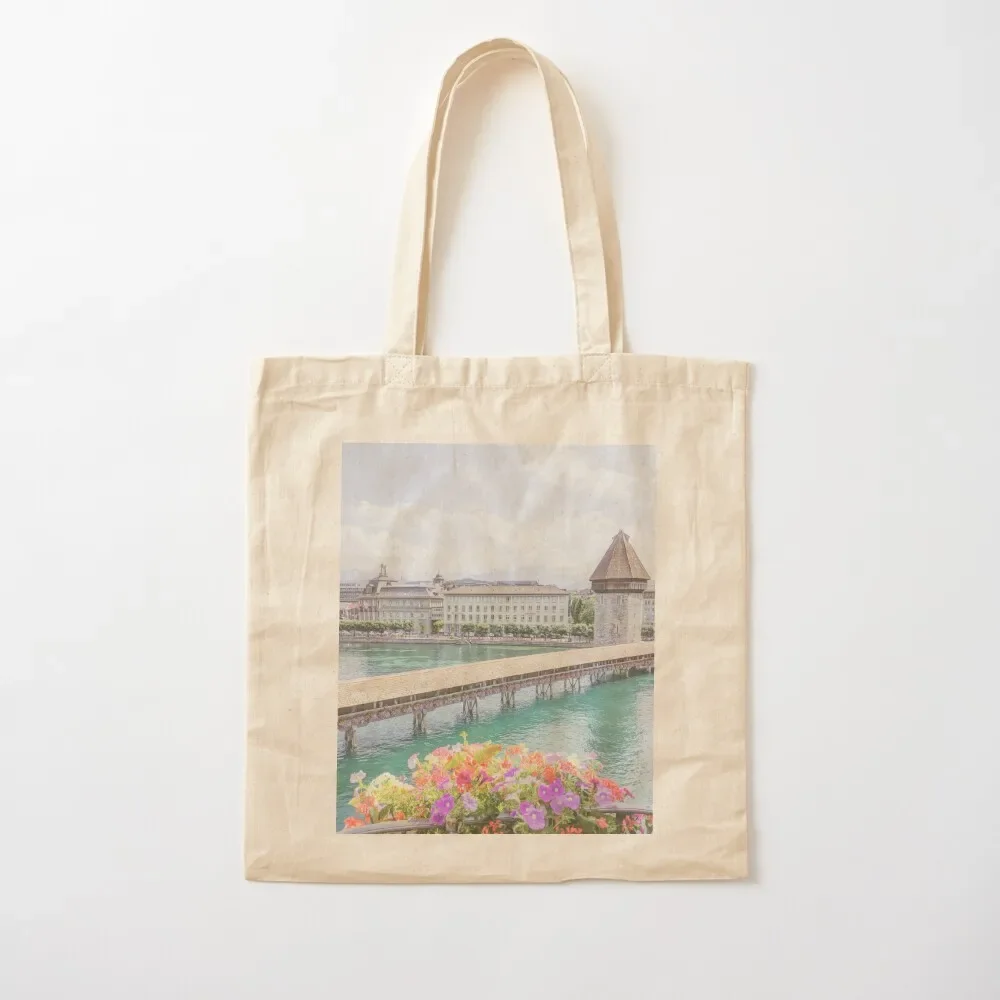 Balcony View of Chapel Bridge, Lucerne, Switzerland Tote Bag large tote bag tote bag university shopper women