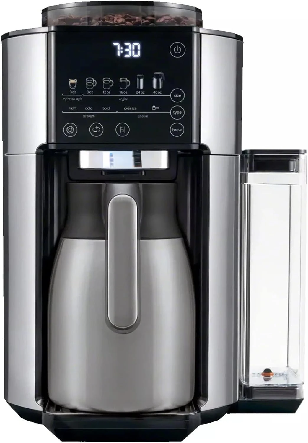 TrueBrew Drip Coffee Maker, Built in Grinder, Single Serve, 8 oz to 24 oz, Hot or Iced Coffee, Stainless