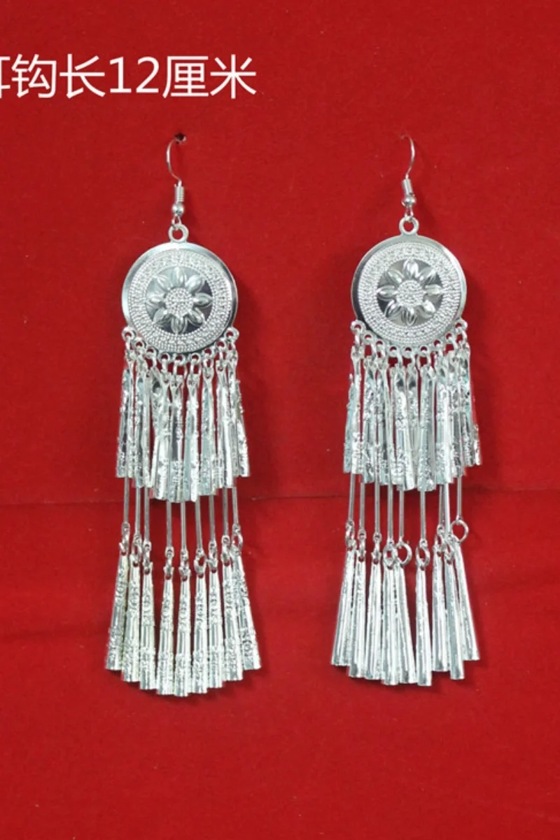 Miao Silver Earrings Hmong Jewelry Festival Accessories Hyperbole Tassel