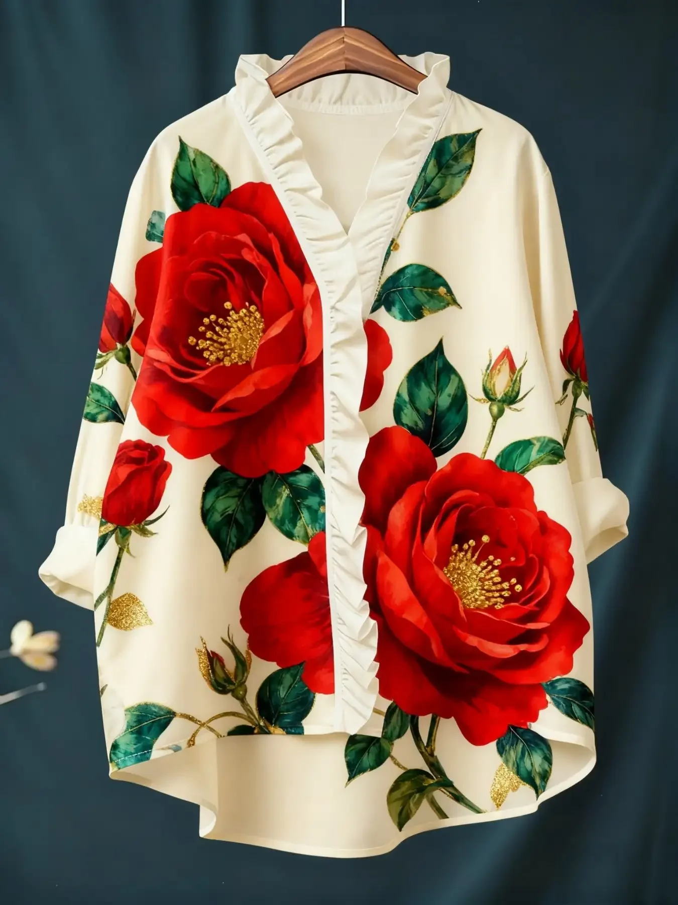 Ladies' printed long sleeved shirt with ruffled neckline, featuring a vintage artistic and Soft and textured to the touch