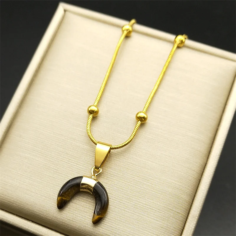 

Tiger Eye Stone Crescent Moon Pendant Necklace For Women Men Stainless Steel Gold Color Small Charms Bead Chain Jewelry Gift