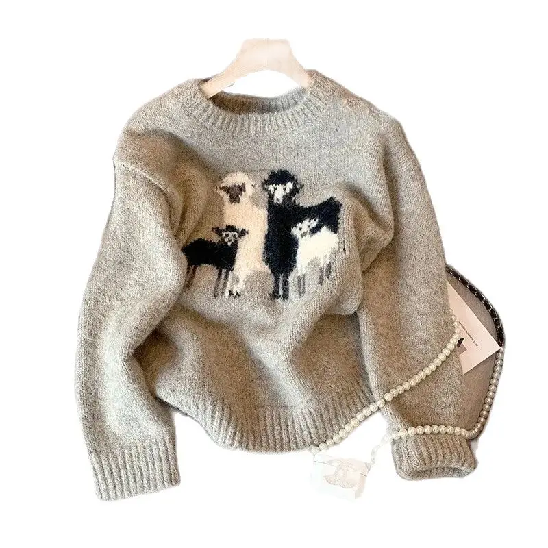 Sweater Cartoon Sheep Embroidery Jacquard Soft Warm Winter Vintage Gray Y2K Cute Jumper Harajuku Kawaii Winter Clothes