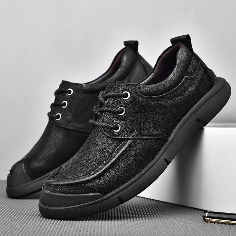 Men's Genuine Leather Casual Shoes New Lace Up Work Shoes Anti-collision Toe Soft Non-slip Outdoor Walking Shoes Zapatos Hombre