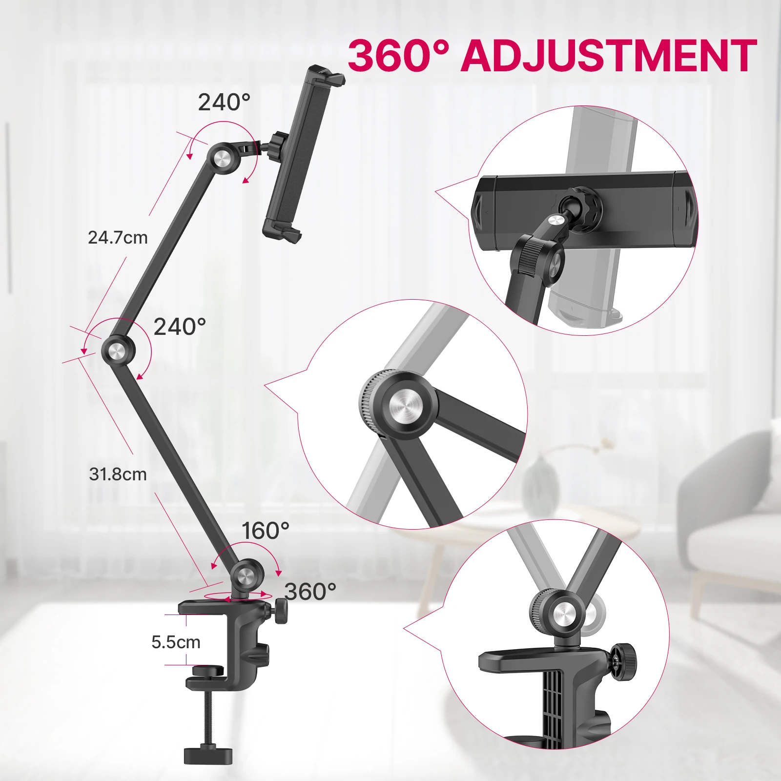 VIJIM-Suporte para Tablet, Suporte para iPad, Suporte para Mesa com Braço Flexível, 360 ° Suporte Ajustável para Tablet Phone iPad Pro Air, HP006, 4.7 "-13"