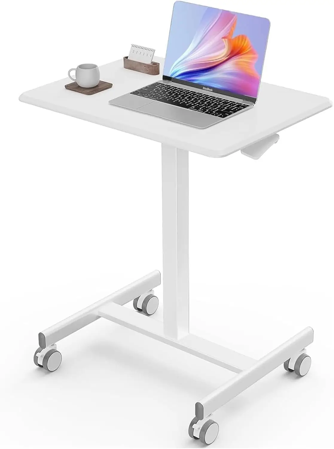 

Sweetcrispy Mobile Small Standing Desk - Portable Rolling Laptop Desk with Lockable Wheels, Adjustable Height Workstation, White