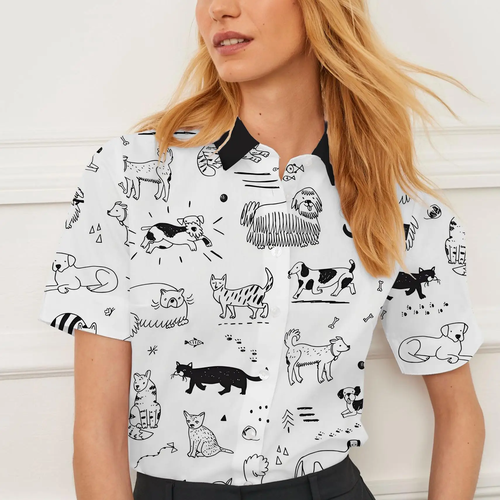 

Lapel shirt short sleeve summer women's clothing cartoon animal pattern design women's tops fashionable casual breathable