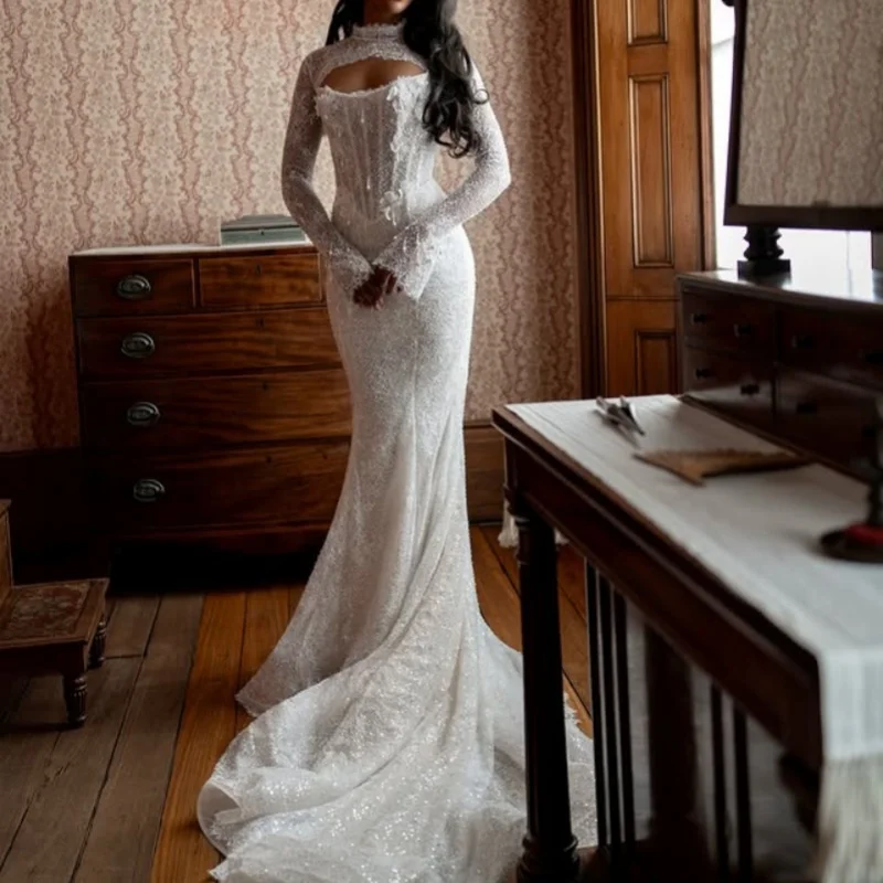Shiny White Wedding Dresses off-shoulder The corset decal long sleeves mermaid skirt Bridal Gowns multi-layer Made ﻿Customize