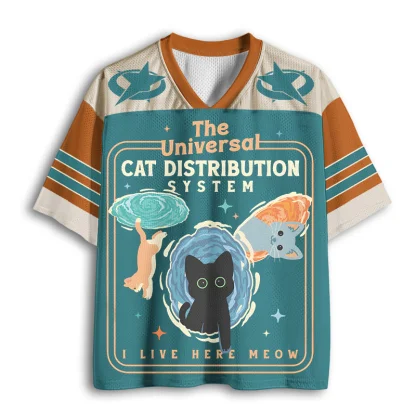 The Universal Cat Distribution System Space Cat Print Men V Neck Mesh Jersey Cartoon Short Sleeve Top