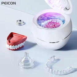 Limpiador ultrasónico portátil, lavadora para dentaduras postizas con luz UV, baño de limpieza por ultrasonido, joyería para retenedor de dentaduras