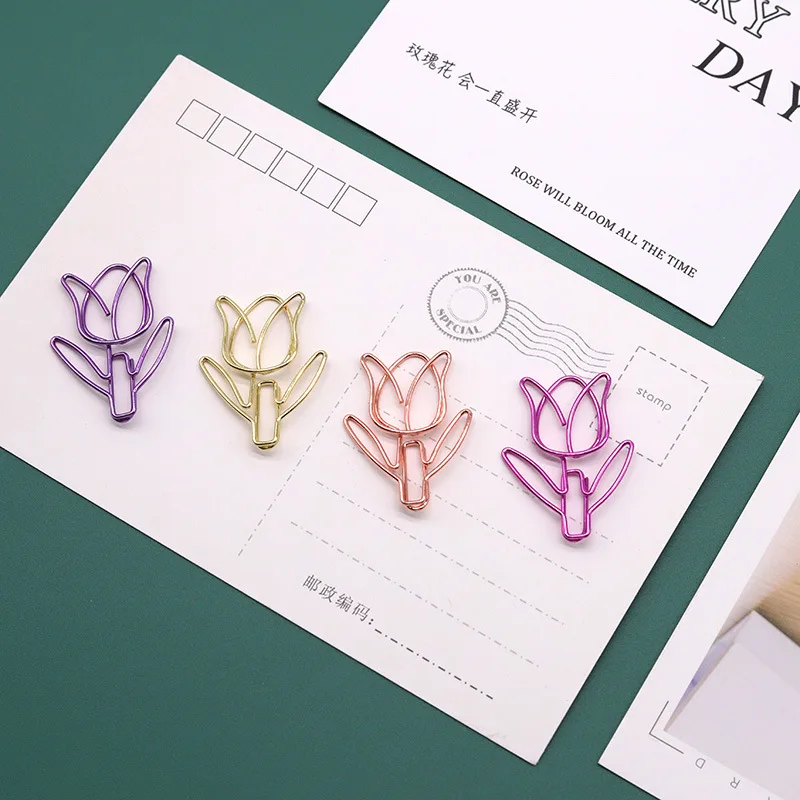 10pcs Tulip Paper Clips Kawaii Notebook Planner Bookmarks Korean Stationery Tickets Photo Clips Office Supplies Bookmark Folder