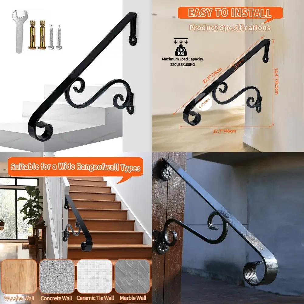 درابزين الشرفة المصنوعة من الحديد المطاوع لخطوات 1-2 - درابزين سلالم سوداء مع دعم واحد، مثالي للمدخلات الخارجية وآمن #1