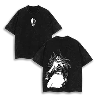 Camiseta con gráfico de Anime de lejía de gran tamaño lavada para hombre y mujer, camiseta de lejía hueca Ichigo Kurosaki Bankai, ropa para hombre y mujer