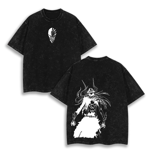 Imagen 1 del producto Camiseta con gráfico de Anime de lejía de gran tamaño lavada para hombre y mujer, camiseta de lejía hueca Ichigo Kurosaki Bankai, ropa para hombre y mujer