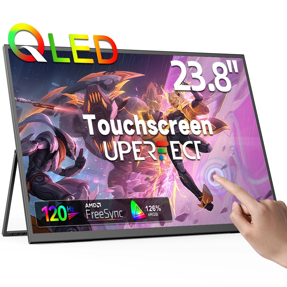 UPERFECT 23,8" 120 Hz QLED przenośny monitor dotykowy 1080p 125% sRGB 400 nitów zewnętrzny wyświetlacz gamingowy do laptopa mini PC telefonu Steam Deck wbudowana podstawka i VESA