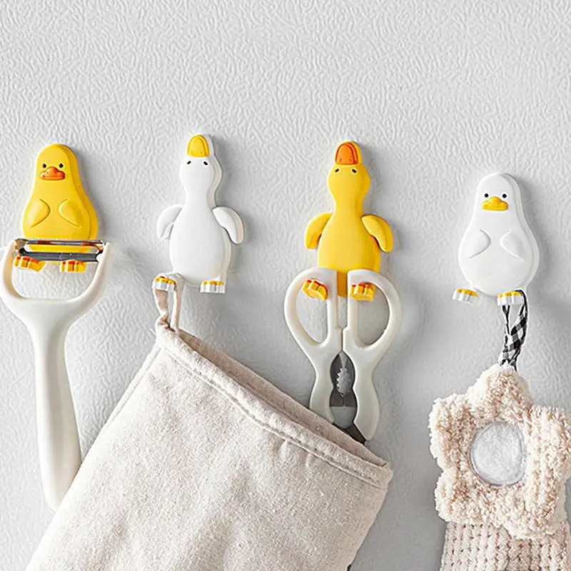 Animal Hooks 4pcs Cartoon Duck Kids Wall Hooks Small Adhesive Hooks Traceless Funny Wall Coat Hanger Punch-Free For Storing Keys