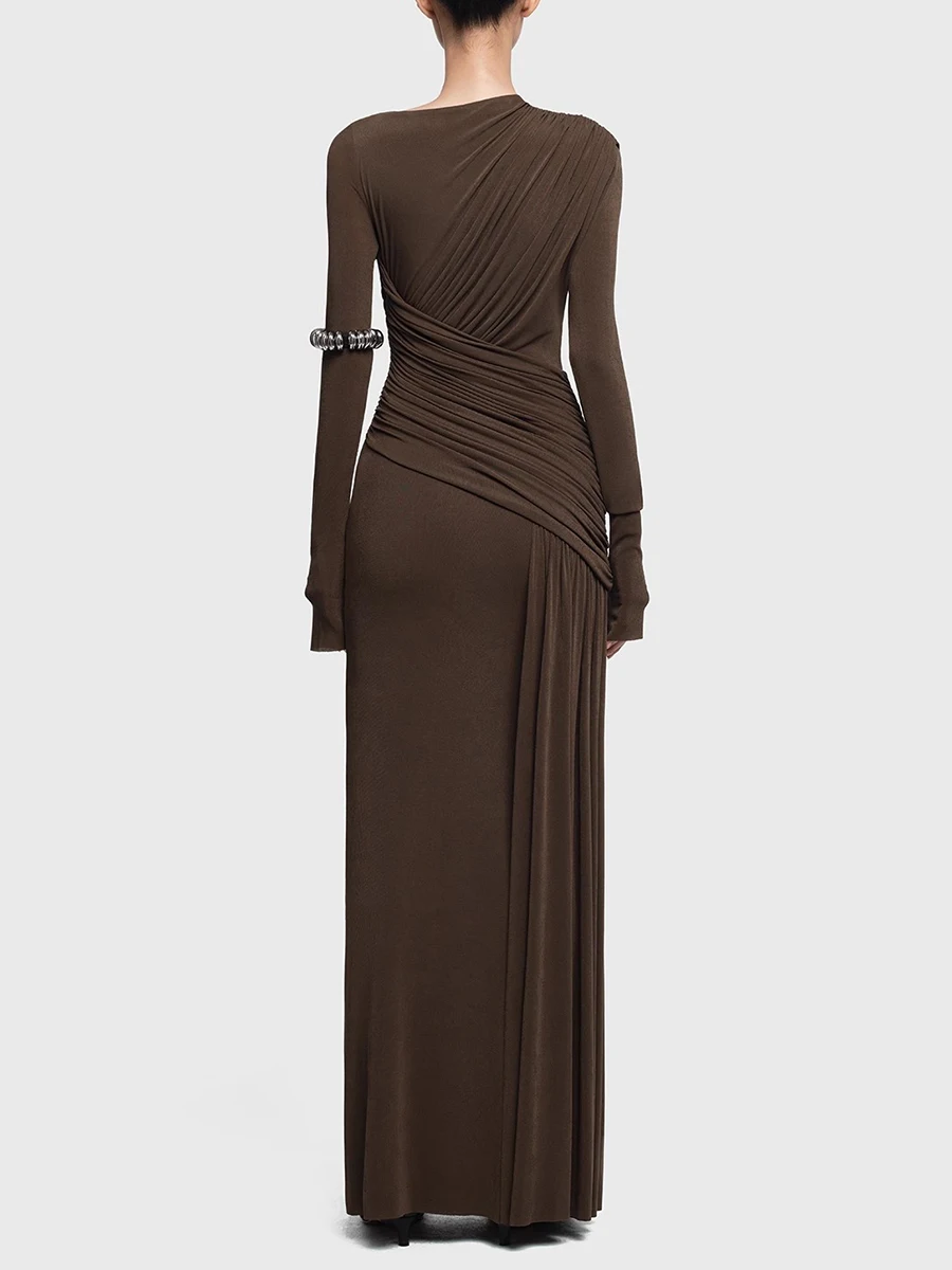 TWOTWINSTYLE 솔리드 슬리밍 드레스 Fr 여성 오 넥 긴 소매 높은 허리 기질 롱 드레스 여성 패션 스타일 의류