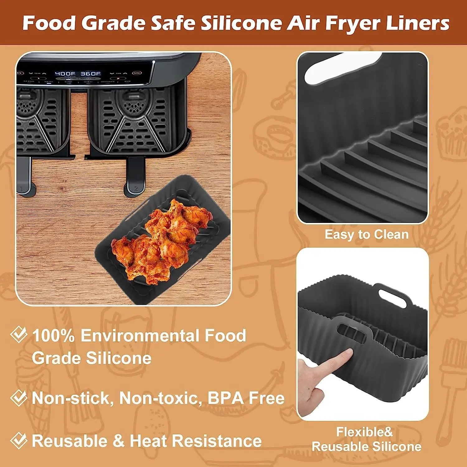 Food Grade Air Fryer Silicone Liners for Ninja Dual Air Fryer, Non-Stick Air Fryer Basket Accessories for Ninja