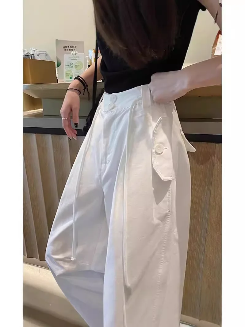وزرة بيضاء 2025 سروال نسائي خريفي رفيع وصغير وفضفاض واسع الساق