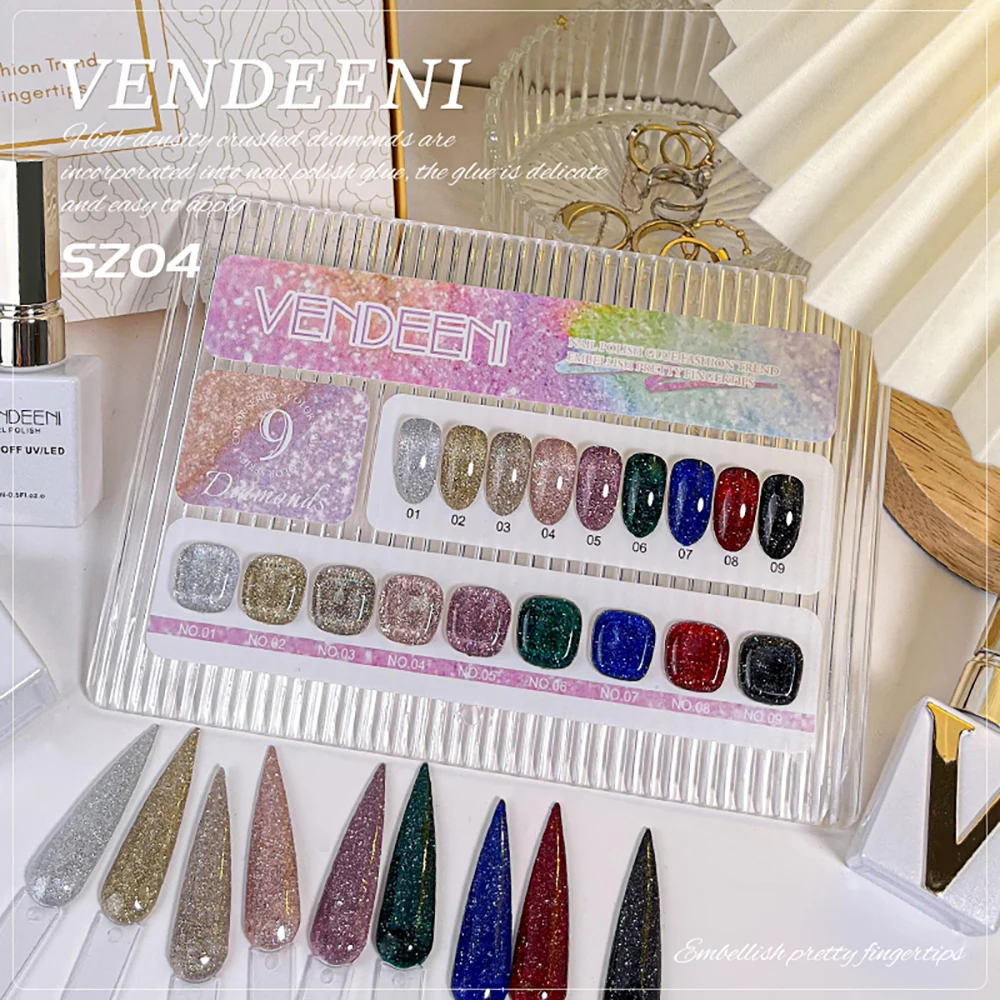 Vendeeni 9 Farben/Set Glitzer-Broken-Diamond-Gel-Nagellack UV LED Soak-Off Gel-Lack Grün Lila Rot Flash Gel mit Display – Detail 17