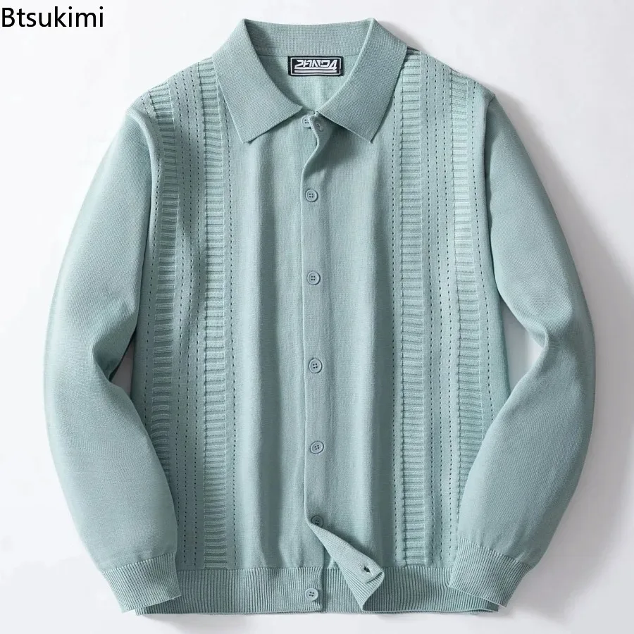 

New 2025 Men's Laple Hollow Out Knitwear Tops Spring Autumn Long Sleeve Button-up Casual Cardigans Vintage Solid Sweater Coats