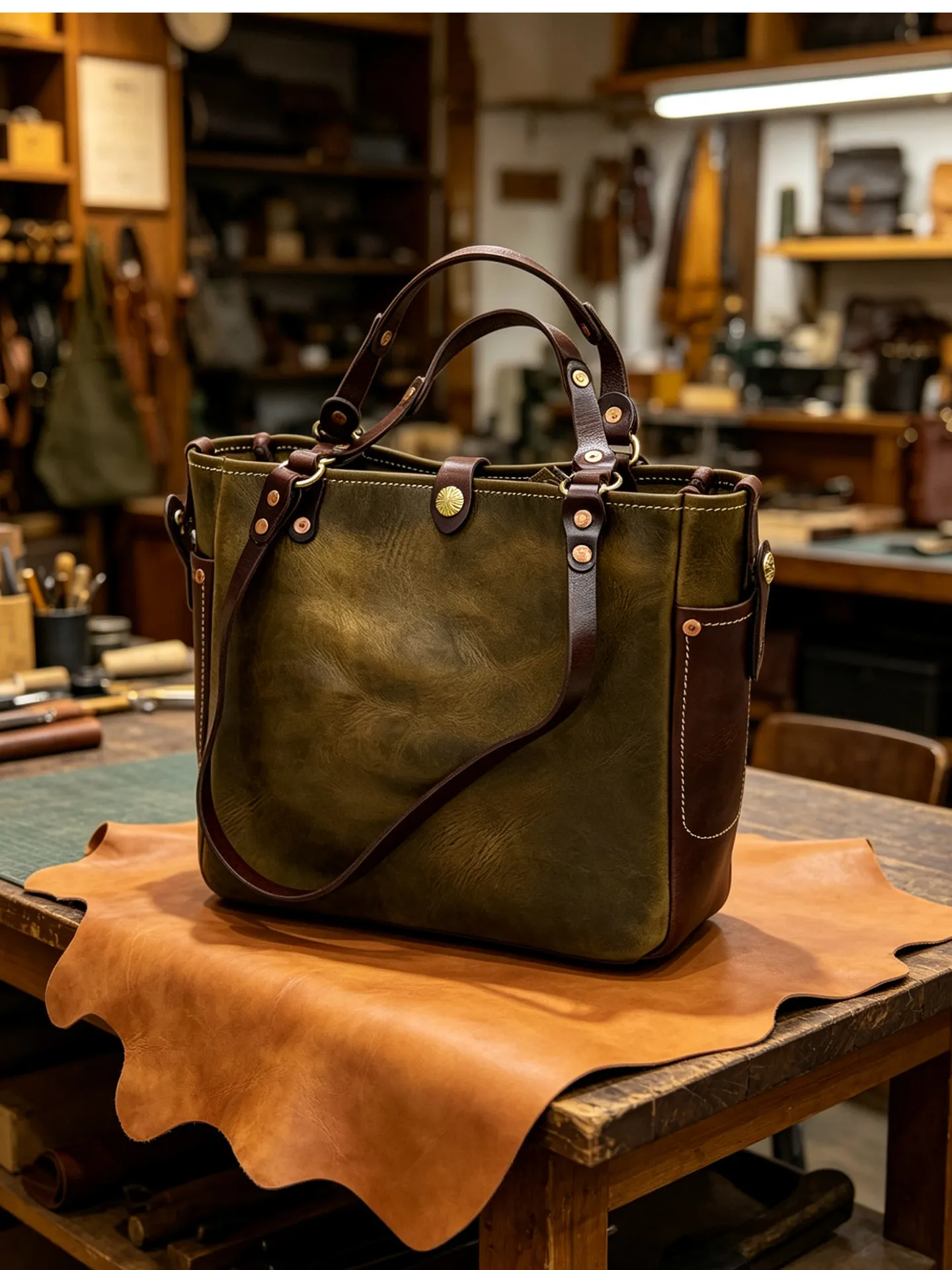 Vintage Designer Handgefertigte Arbeits-Tragetasche aus pflanzlich gegerbtem Rindsleder für Herren, Business Casual Luxus Naturleder Handtasche – Detail 19
