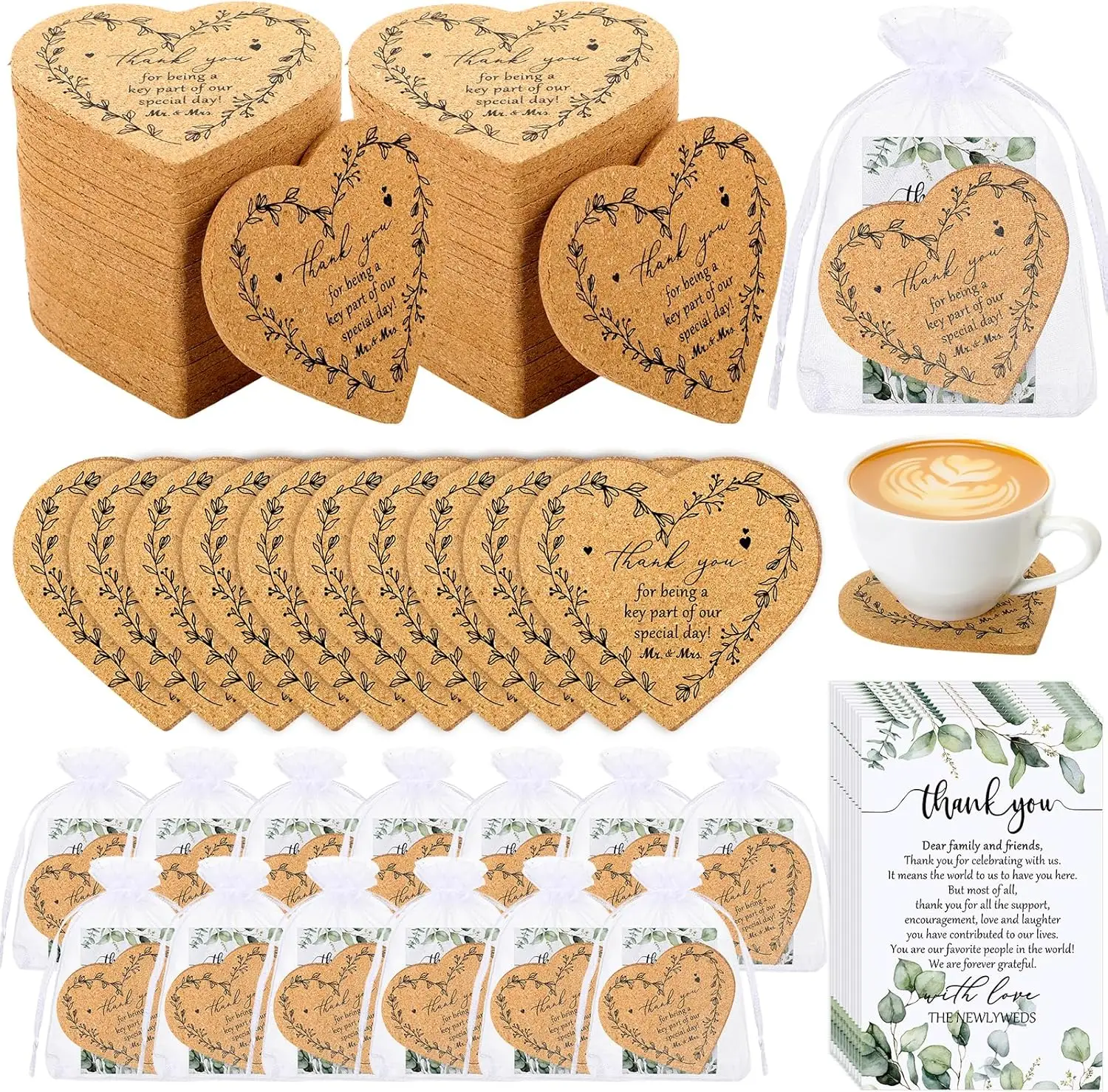 

150 наборов пробковых подставок для стаканов в форме сердца с благодарственными карточками и органзой в мешочках для свадебных подарков и сувениров для вечеринок