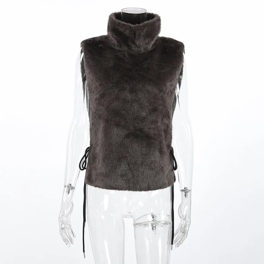Women Faux Mink Fur Vests Coats Solid Fur Jackets Lace Up Cotton Linen Turtleneck Sleeveless Loose Fit Casual 2026 Autumn Winter